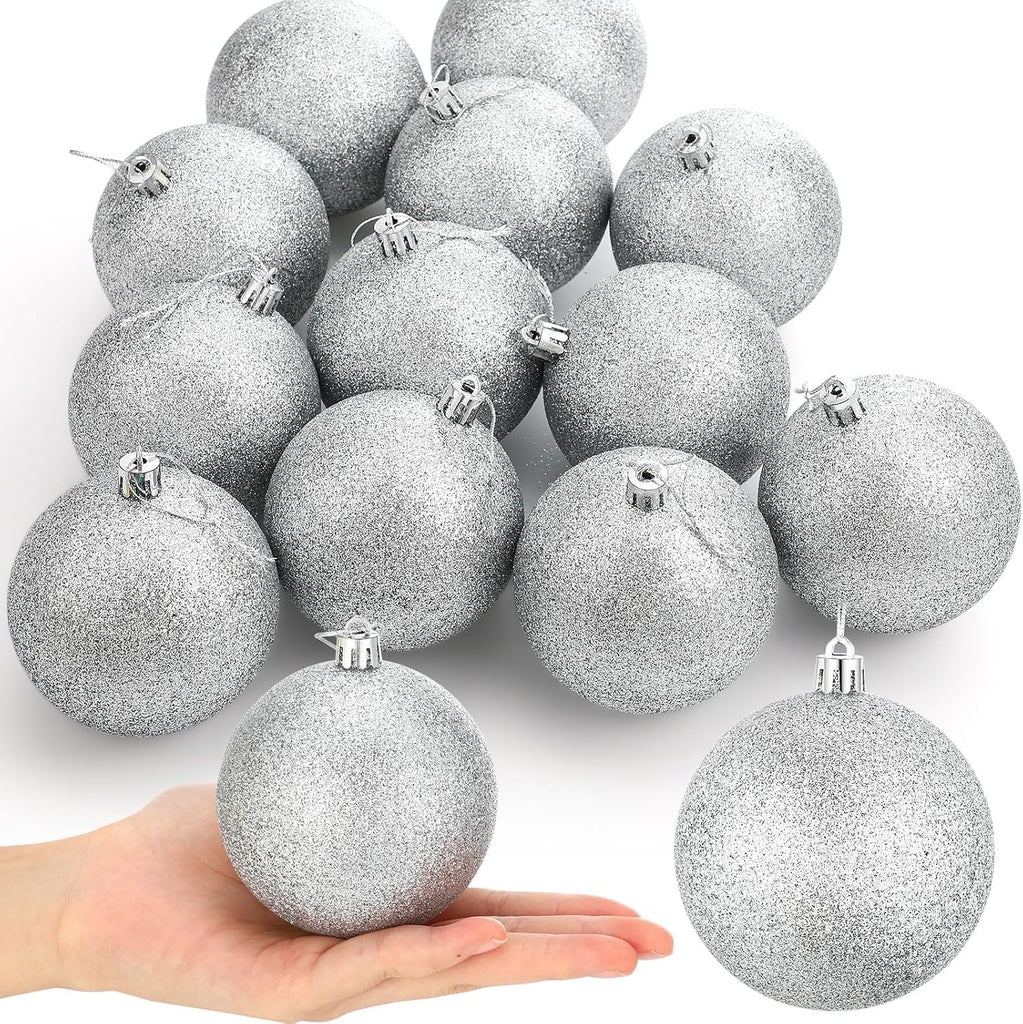 12 Pcs Large Christmas Ball Glitter Snowball Ornament, Silver