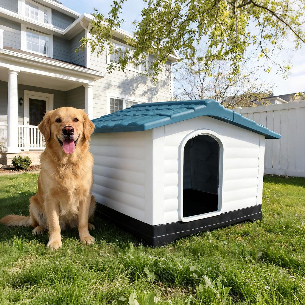 Elevated Weatherproof Plastic Dog House with 2 Doors & Fold-Out Porch - Raised Floor Outdoor Kennel for Large Dogs up