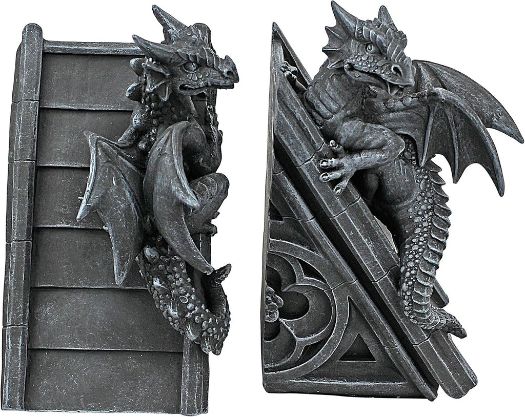 Castle Dragon Gothic Decor Decorative Bookend Statues, 8 Inch, Set of Two, Polyresin, Grey Stone