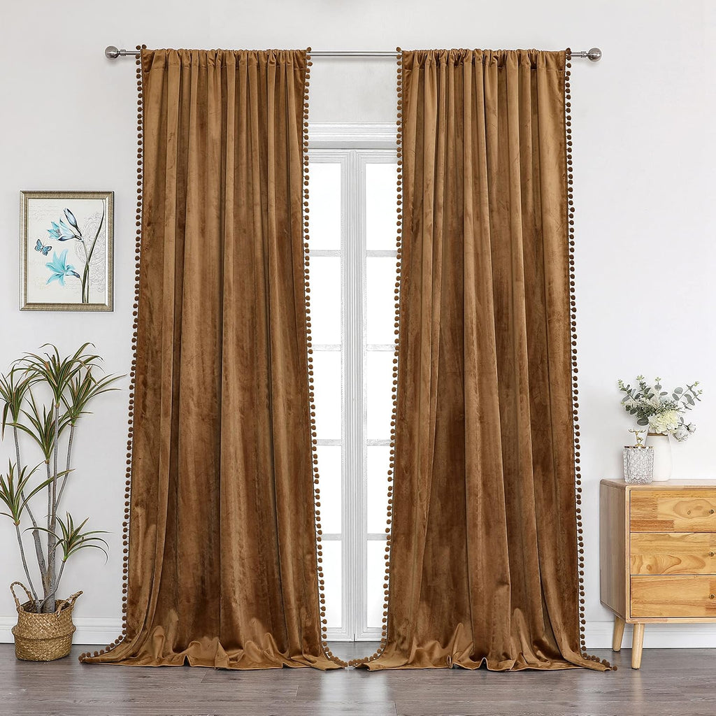 Camel Velvet Pom Pom Blackout Curtains 52x96 Inch 2 Panels | Blackout, Super soft velvet,vintage, luxury, thermal