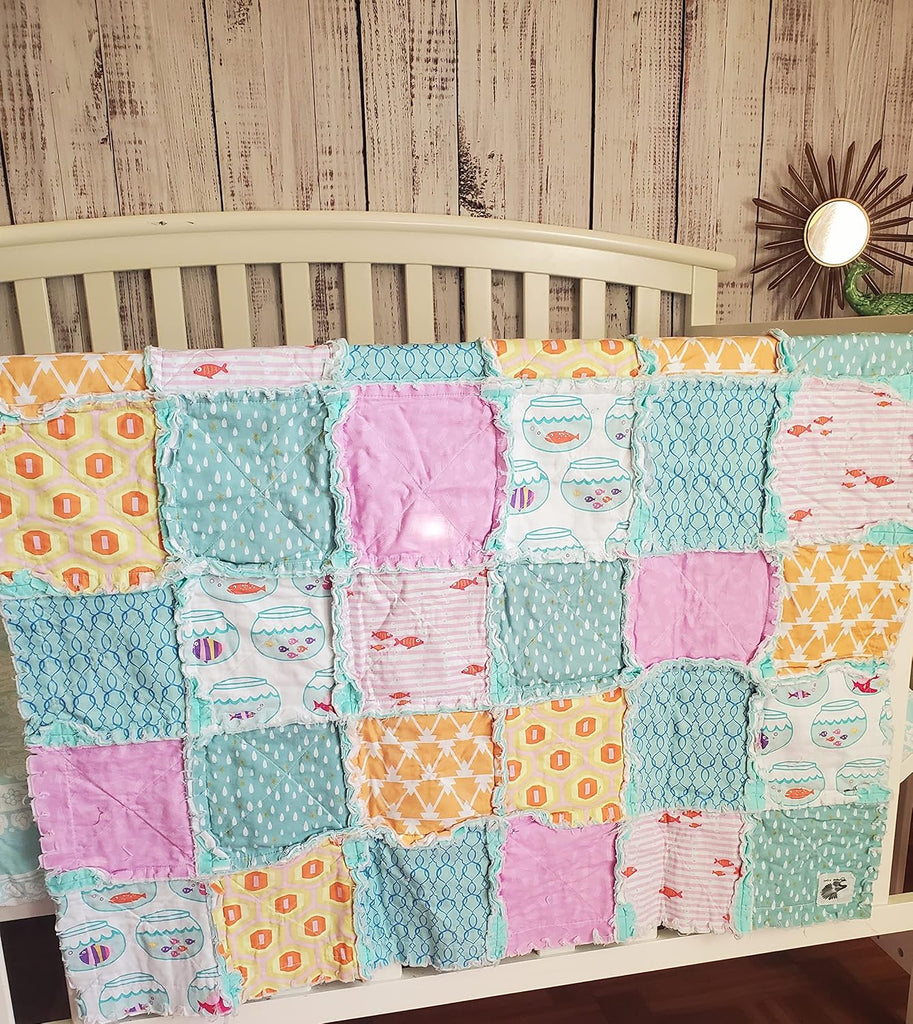 SALE Patchwork Quilt, Quilt, Rag Quilt, Pink and Aqua Fish Crib Bedding, Rag Quilt, Ocean, Baby Bedding, Baby Girl