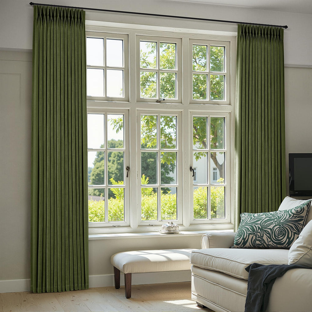 108 Inches Long Pinch Pleat Linen Curtains Semi Sheer 2 Panels Olive Green