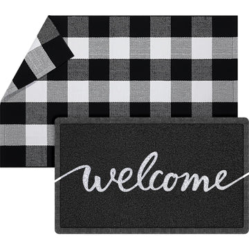 2 Pcs Layered Welcome Doormat, Black and White Buffalo Plaid Rug Set