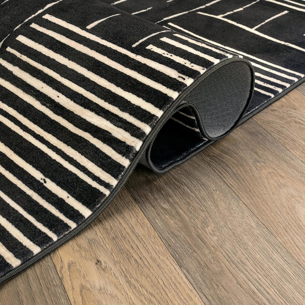 Block Stripe Machine Washable Non-Slip Runner Rug, Black