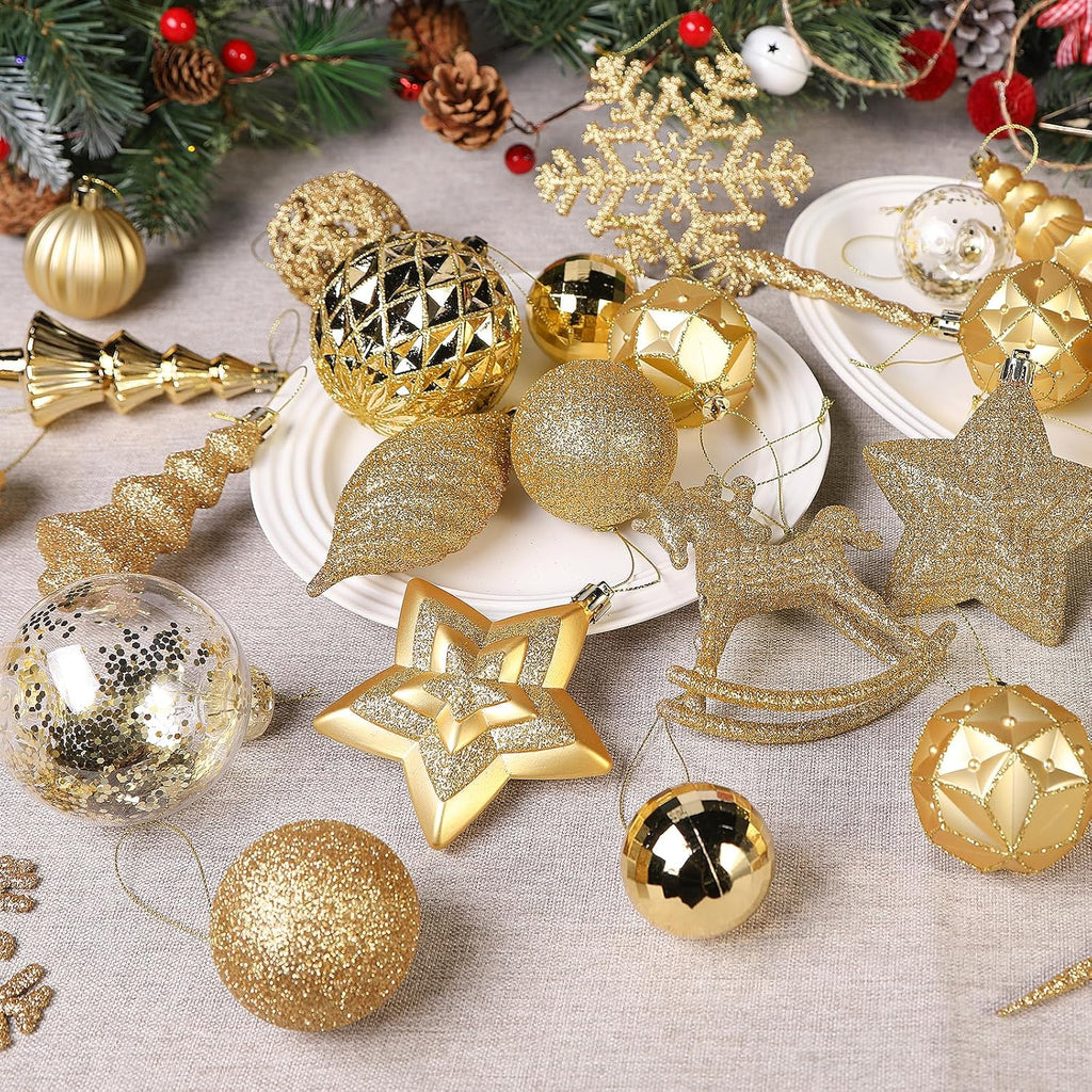 100pcs Gold Christmas Tree Decorations, Shatterproof Plastic Ornaments Set for Xmas Tree Decor, Wedding, Party