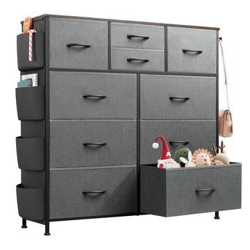 10 Drawer Fabric Dresser, Side Pocket Chest, Dark Grey
