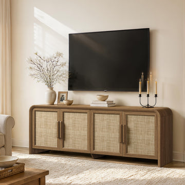 65'' Rattan TV Stand with Storage for 75" TV, Curved Edges Thicker Wood TV Consoles with Doors, Cable Management, Mid