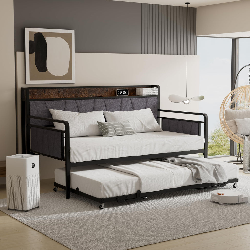 Twin Daybed with Trundle, Modern Twin Size Sofa Day Bed, Sturdy Metal Bed Frame with Upholstered Headboard, Studio