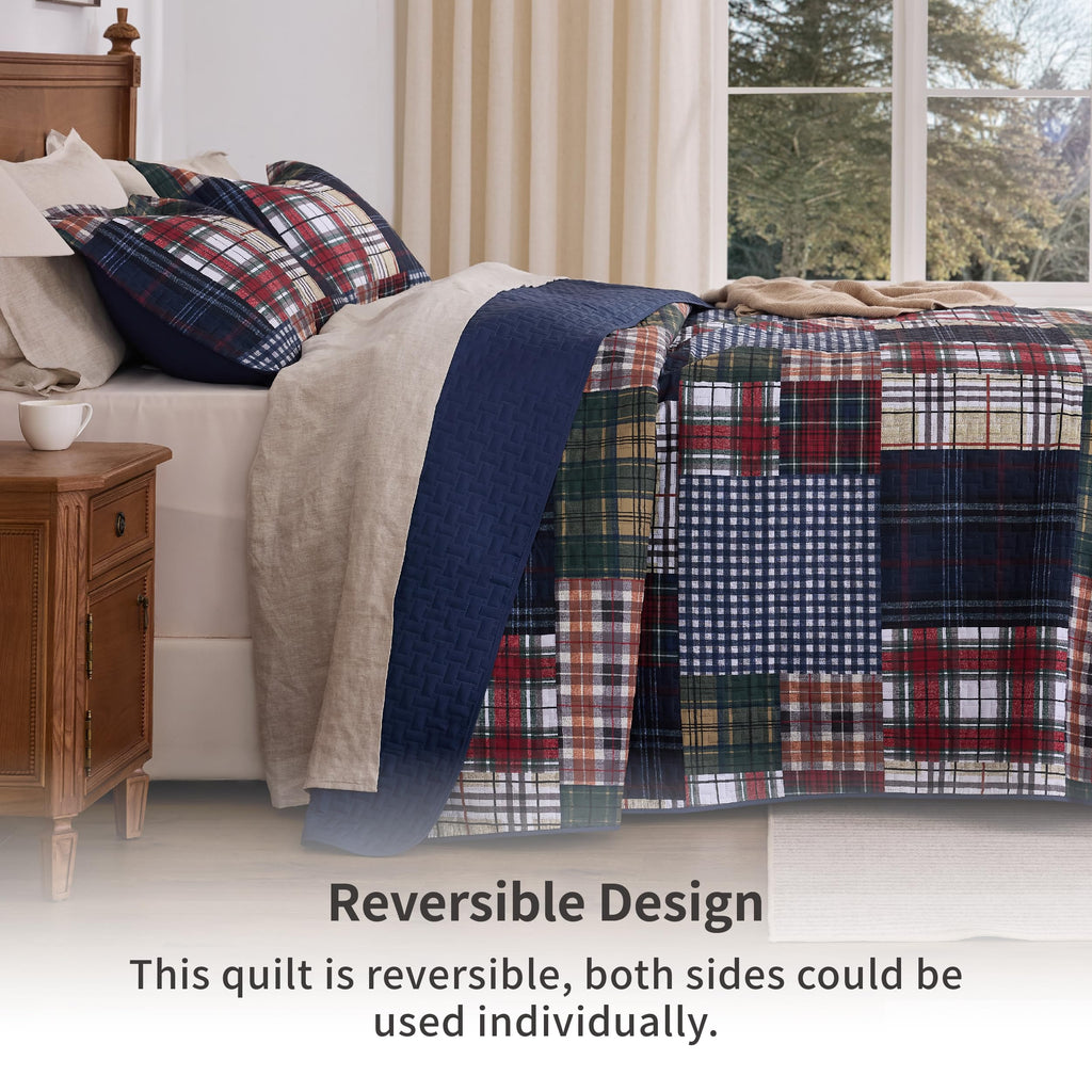 Patchwork Quilt Bedding Set, Plaid Lightweight Reversible Bedspread Coverlet, 3-Piece Bed Cover Quilt with 2