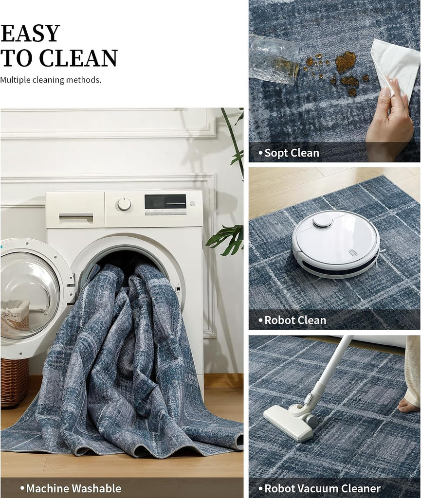 Blue Grey Distressed Plaid Area Rug