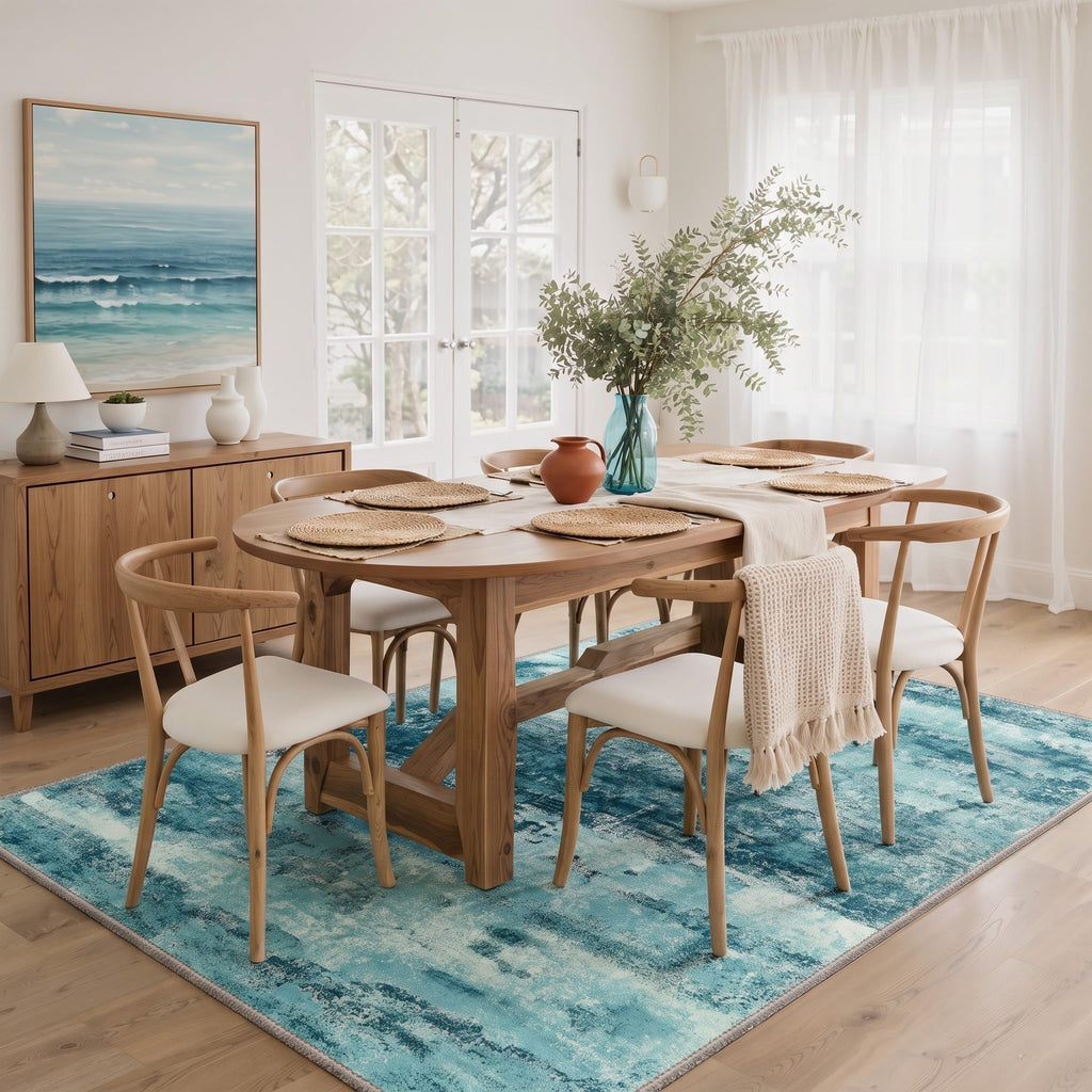 2'6"x6' Teal Abstract Runner Rug, Washable Non-Slip