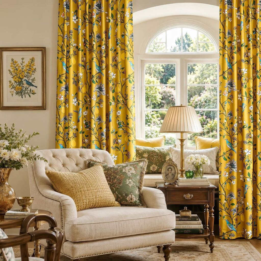 Mustard Yellow Vintage Velvet Floral Curtains (Set of 2 Panels) 96 inches