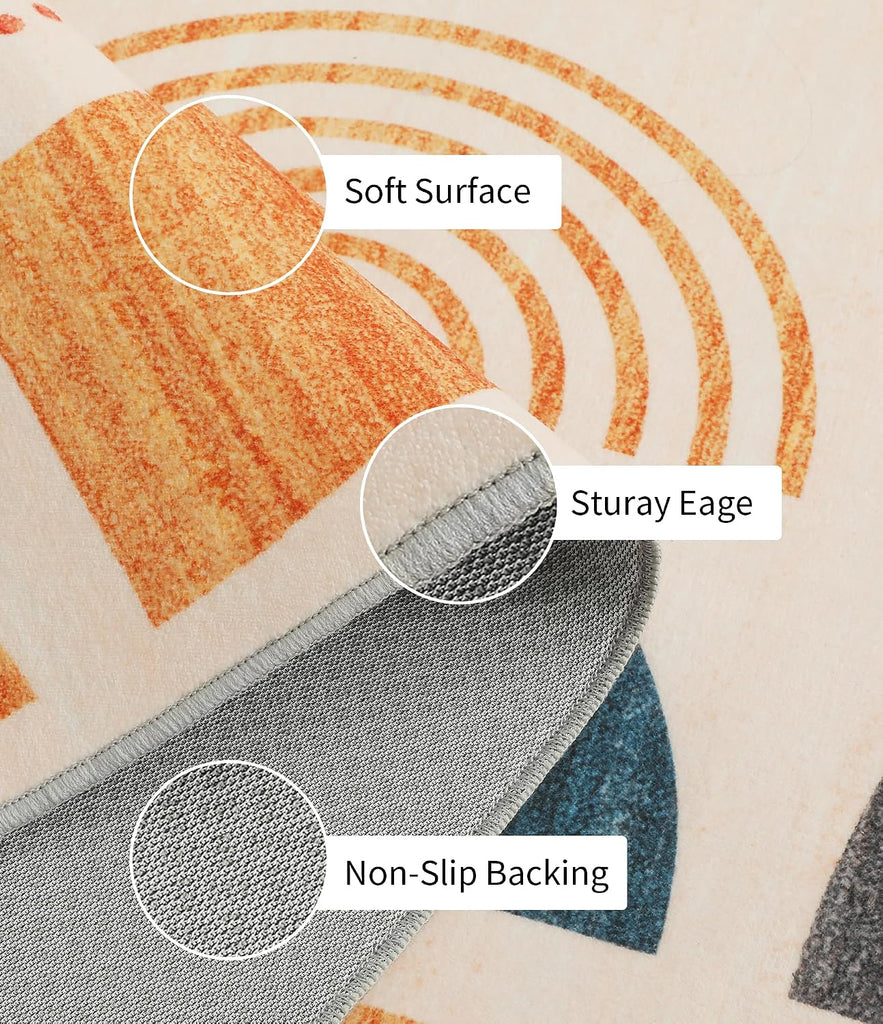 Boho Washable Area Rugs, Mid-Century Modern Rug Non Slip Minimalist, Bauhaus Throw Floor Carpet Dining Room