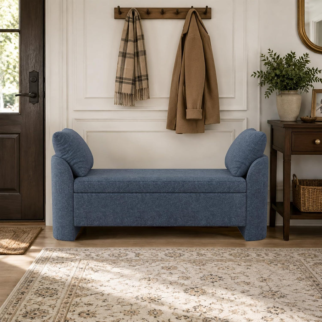 58.3" Upholstered Storage Ottoman Bench with 2 Throw Pillows, Beige | End of Bed Bench with Curved Arms and Thickened