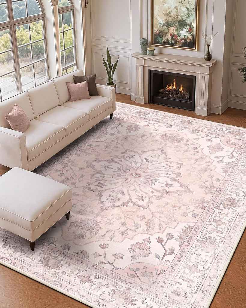 Area Rugs Washable Non-Slip, Floral Vintage Distress Print Pattern Medallion Carpet for Living Room Bedroom