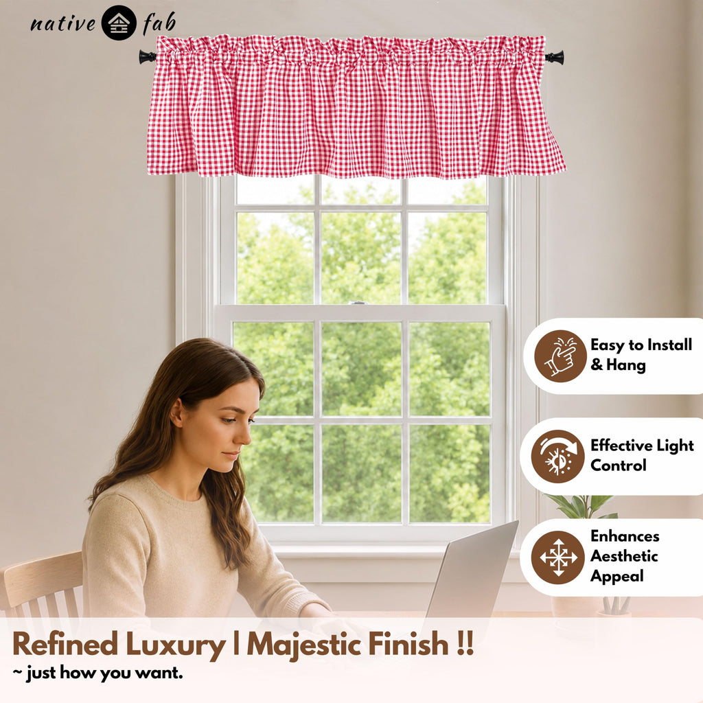 Gingham Check 2 Pack Kitchen Valance Set - Rod Pocket - Semi Sheer - Small Window Curtain, Bedroom, Living Room
