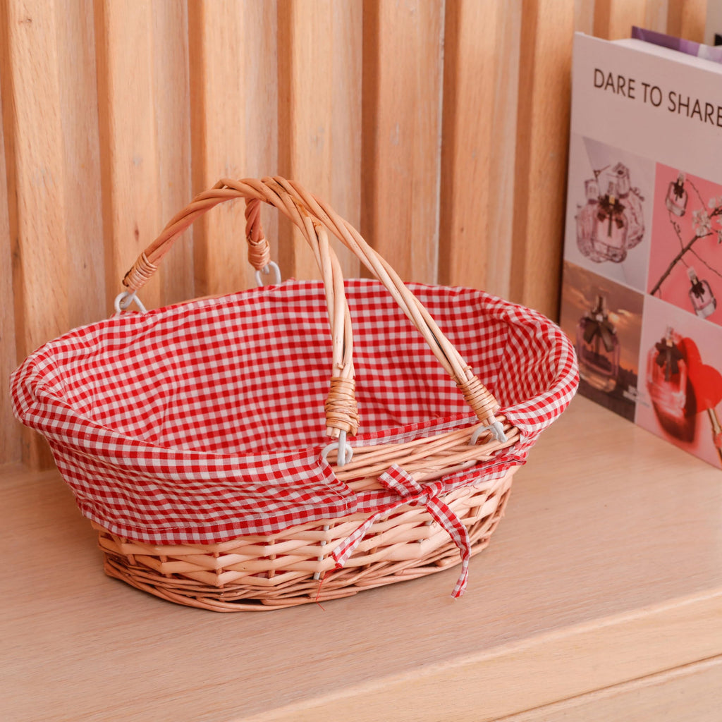 Oval Wicker Gift Basket with Double Drop Down Handles, Red Gingham Lining, Woven Picnic Basket for Gifts, Gathering