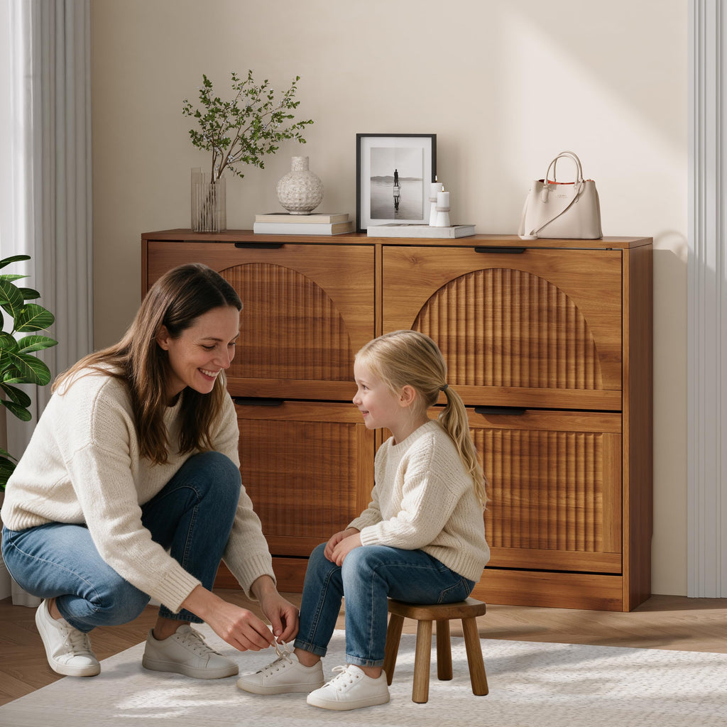 Fluted Shoe Storage Cabinet, 4 Flip Drawers, Walnut