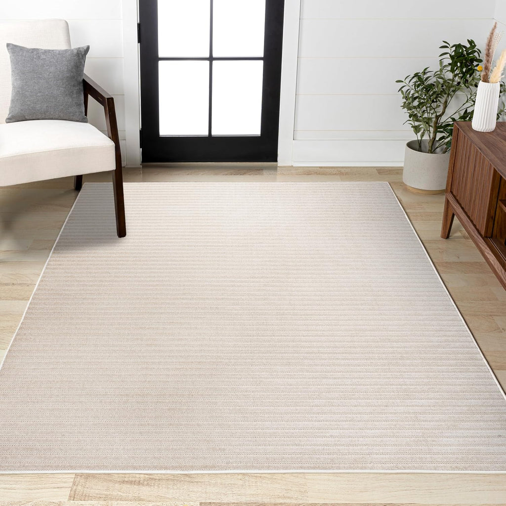 Aarhus High-Low Striped Ivory/Cream Indoor/Outdoor Area Rug 8x10, Minimalist Geometric, Classic, Farmhouse, Cottage