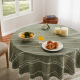 Hemstitched Embroidery Striped Boho Tablecloth 60 Inch Round Olive, Heavy Weight Farmhouse Burlap Li