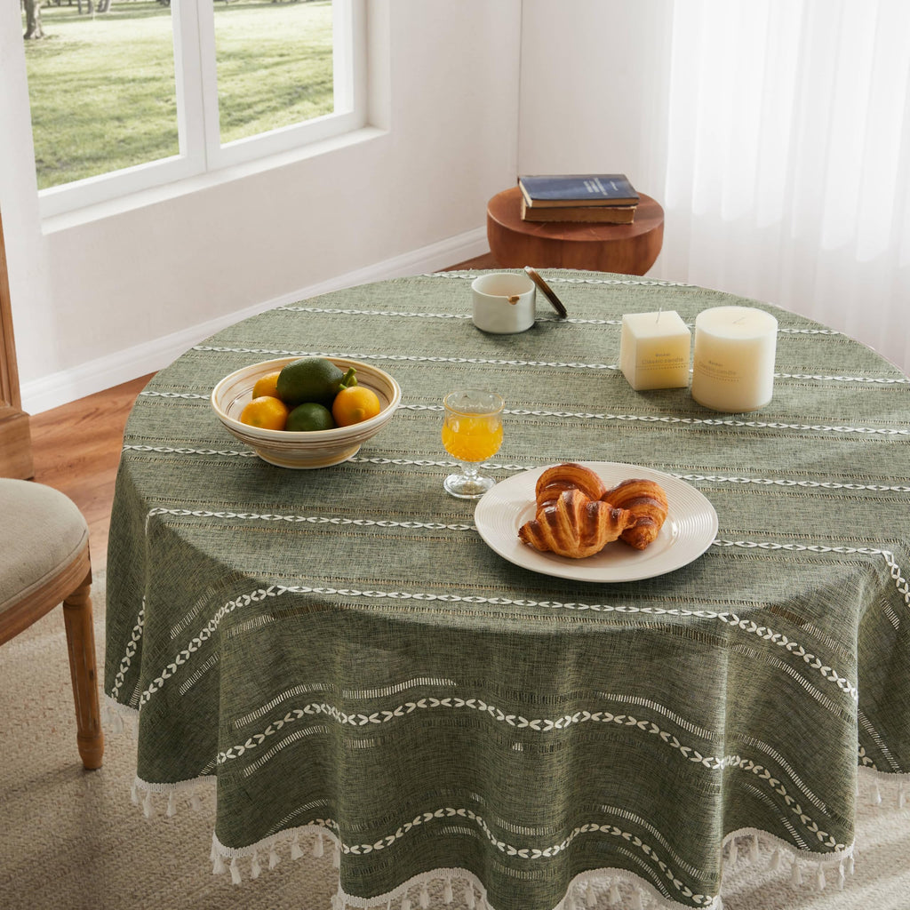 Hemstitched Striped Boho Table Cloth, 54 Inch Round Olive