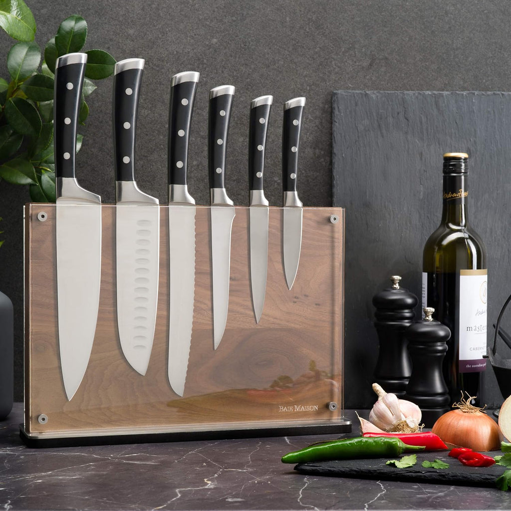 Stylish Large Magnetic Knife Holder - Holds 16+ Knives - Walnut Wooden Knife Block Without Knives - Wide Kitchen