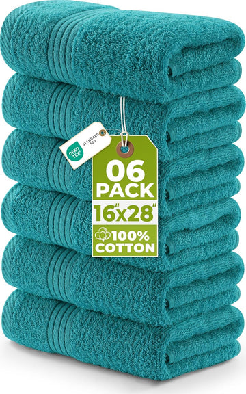 6 Piece Hand Towels Set, 16x28 in, 100% Cotton, Turquoise