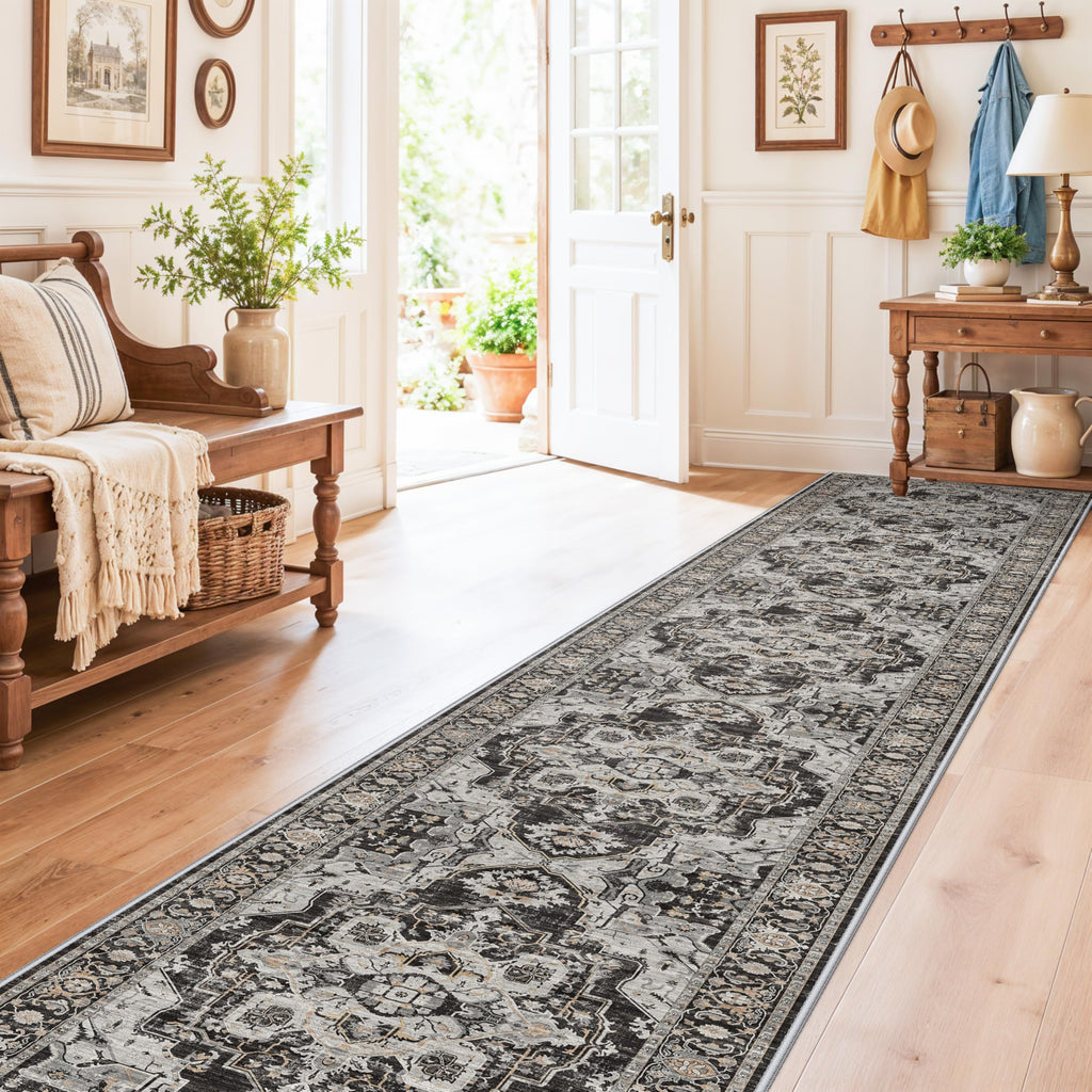 Hallway Washable 2x12 Runner Rug: Indoor Soft Kitchen Rugs Vintage Distressed Non-Slip Backing Thin Carpet Stain