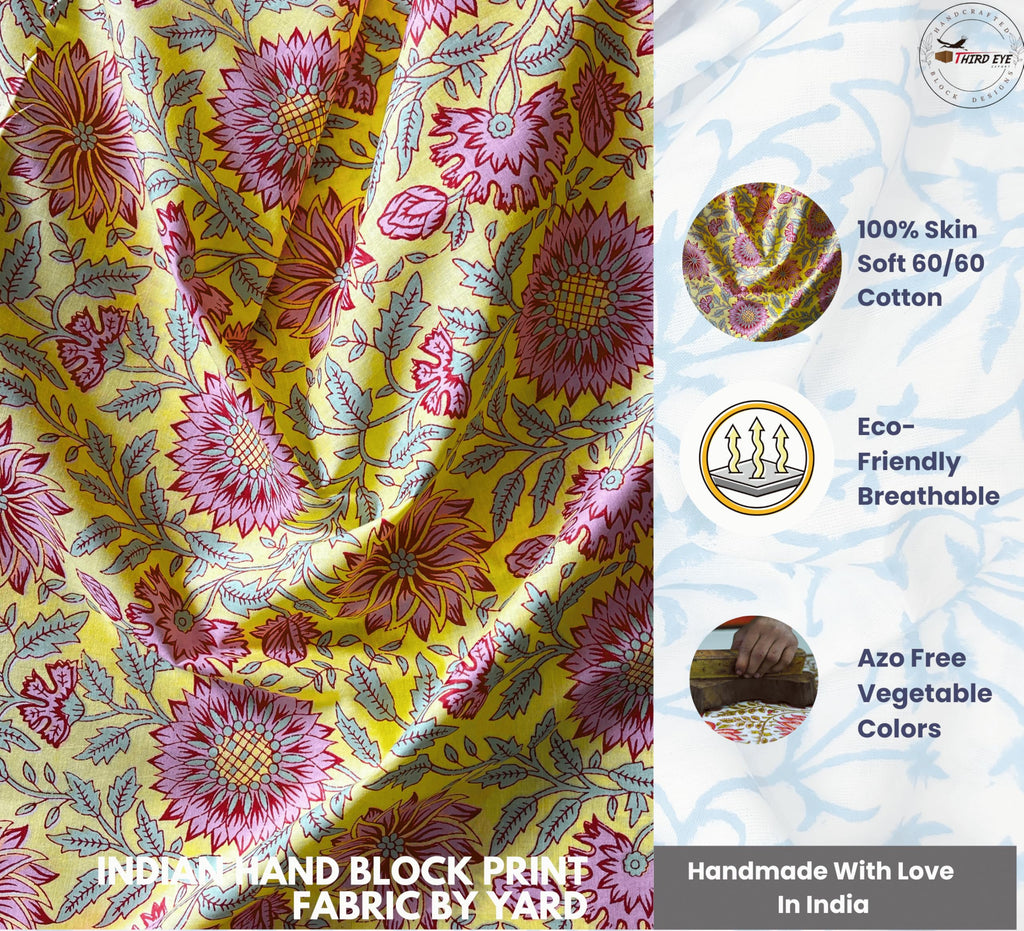 100% Cotton Fabric by the Yard, Hand Block Print Fabric for Sewing