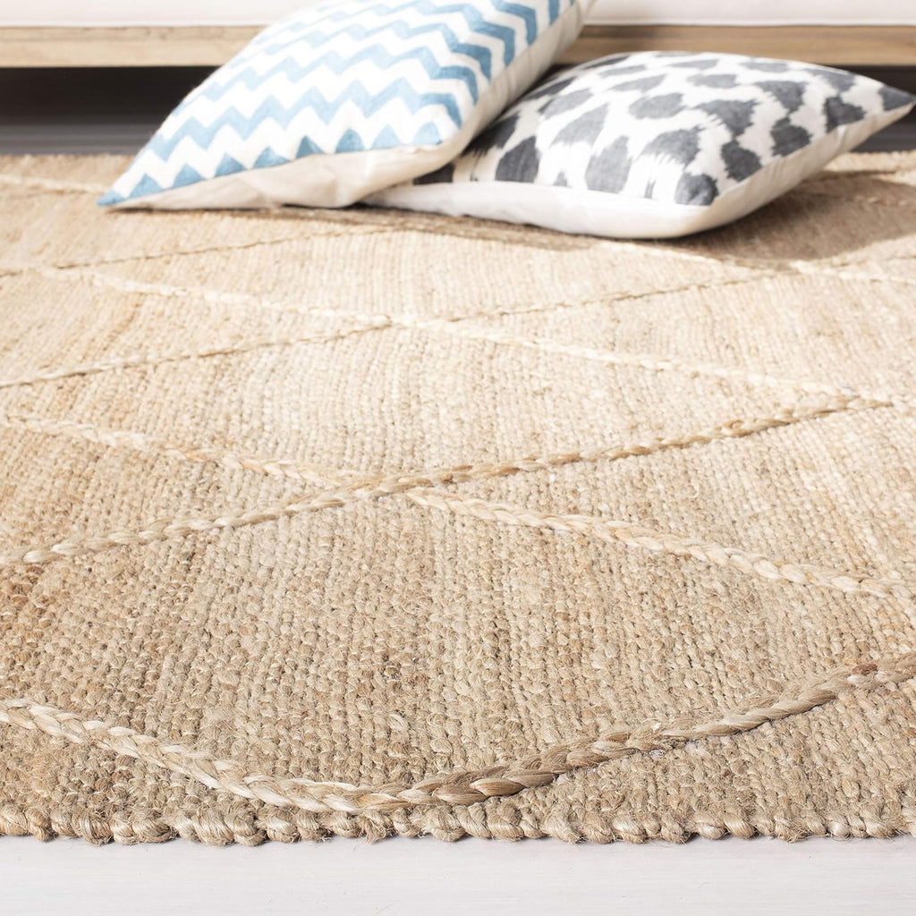 Natural Fiber Collection Area Rug - 4' Square, Natural, Farmhouse Rustic Moroccan Trellis Braided Tassel Jute Design