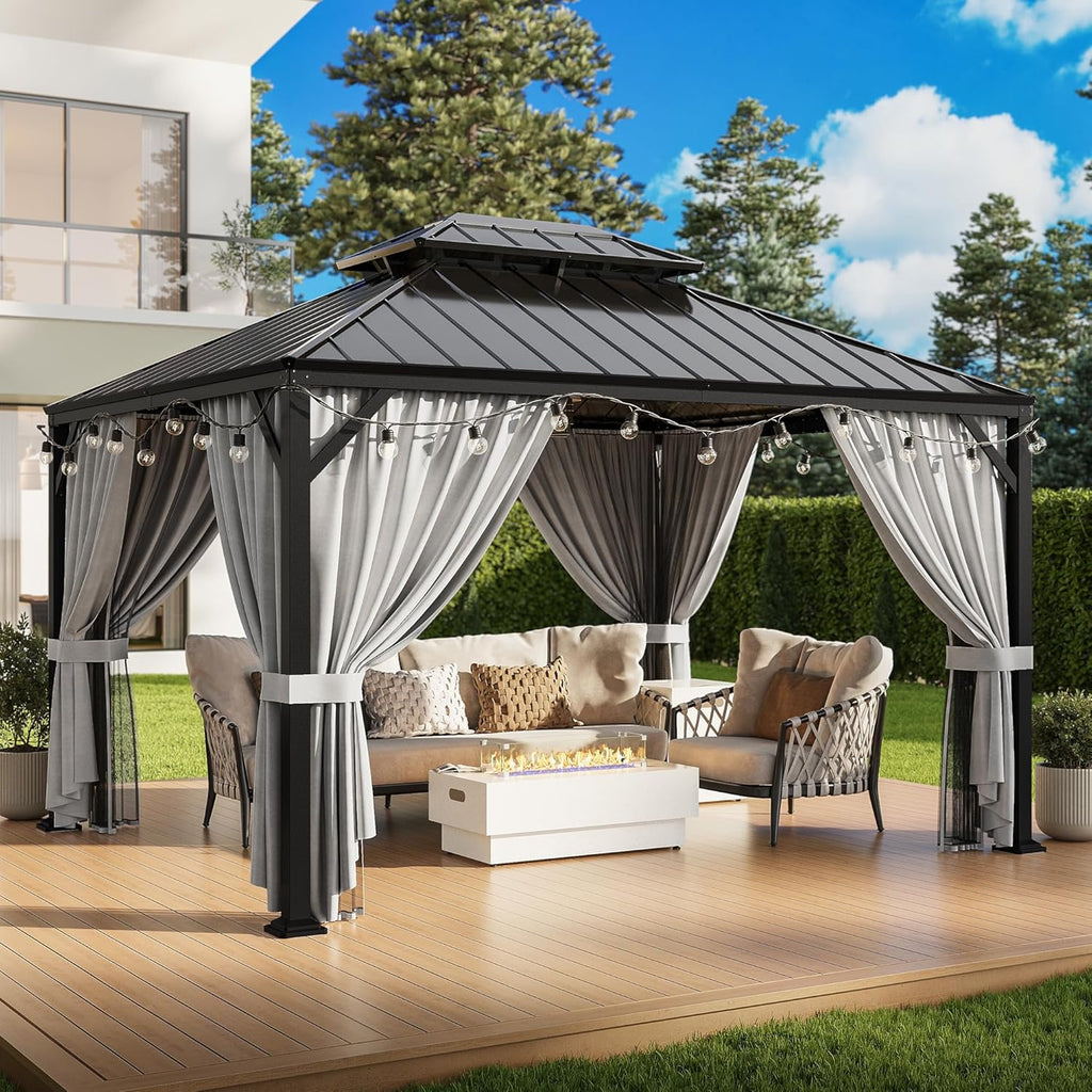 10'x12' Outdoor Hardtop Gazebo, Aluminum Patio Gazebo with Galvanized Steel Double Roof