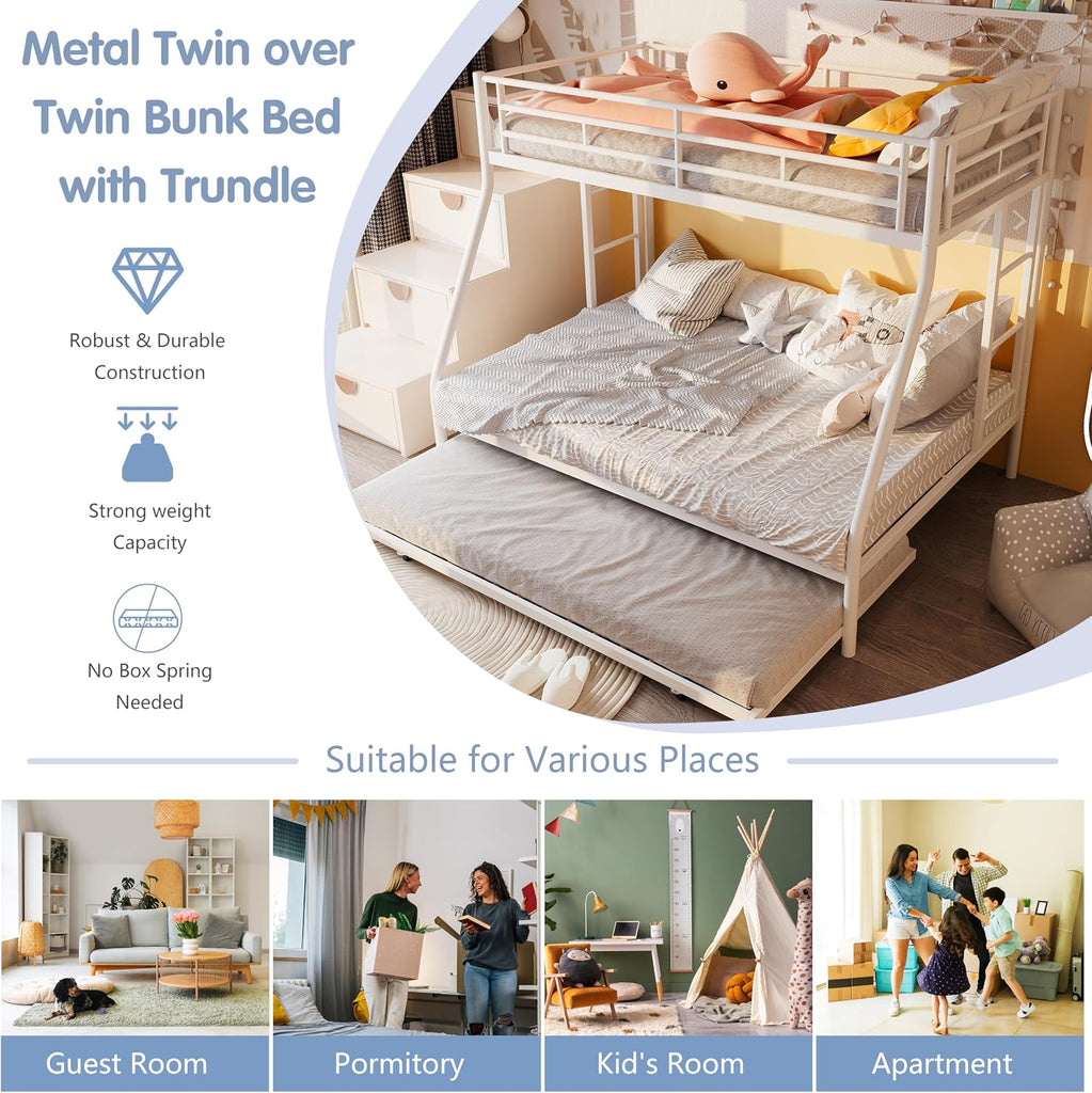 Twin Over Full Bunk Beds with Trundle, Heavy Duty Metal Triple Bunk Bed Frame
