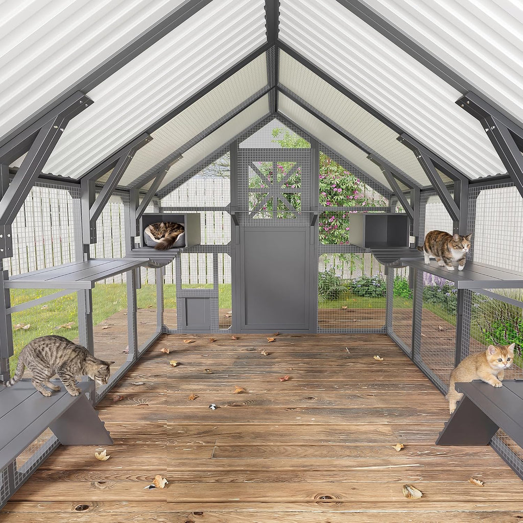 Extra Large Catio Outdoor Cat Enclosure, 94.5" Walk-in Cat House for Multiple Cats, 8 Platforms, PVC Cooling Roof