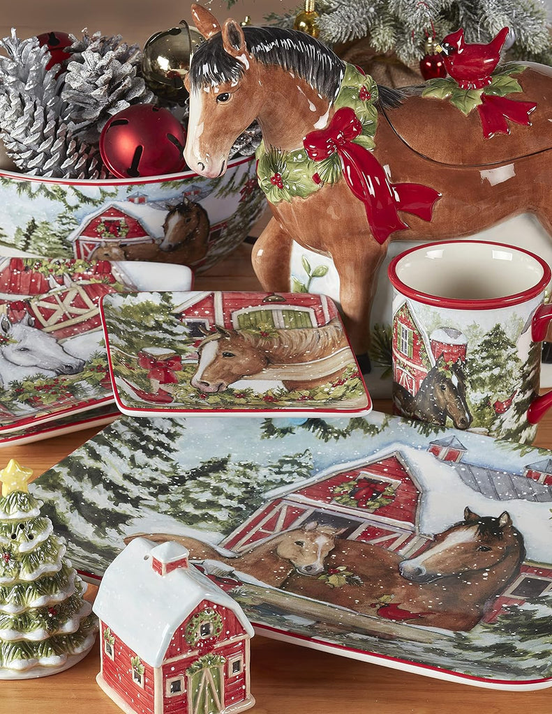 Homestead Christmas Piece Dinnerware Set - Holiday Tableware for 4 with Festive Horse & Barn Scenes - Winter
