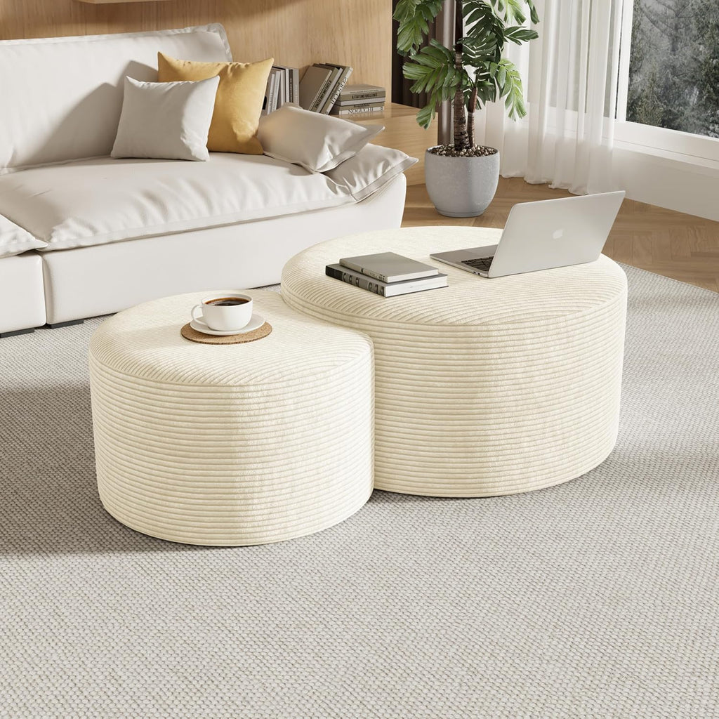 Round Nesting Coffee Table Set of 2,Upholstered Foam Ottoman Footrest Side Table Set,Modern Flannel Circle Coffee