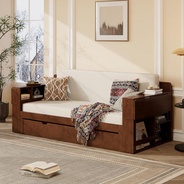 Queen Size Daybed with Pop Up Trundle and 2 Storage Drawers, Wooden Queen Day Bed Frame with Removable Desk