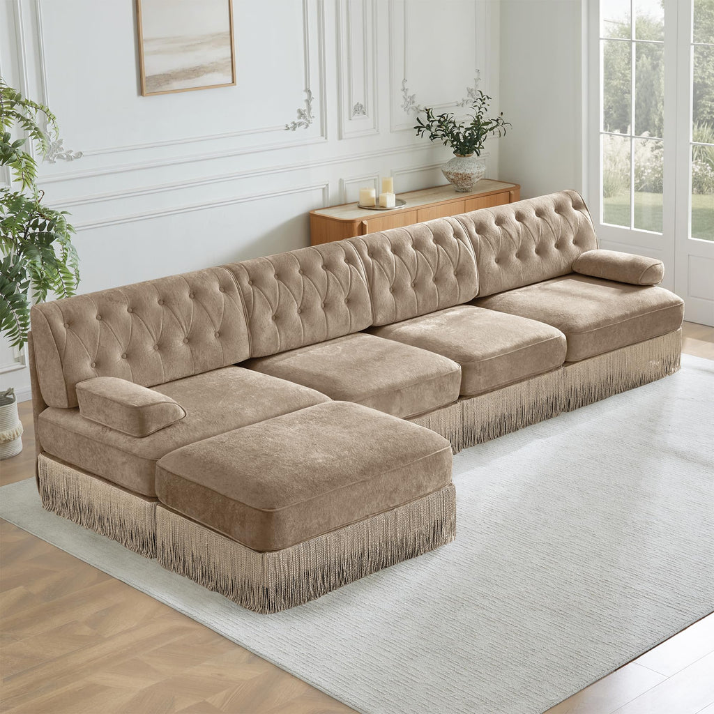 136" L-Shaped Velvet Chesterfield Style Modular Sectional Sofa, Oversized Button Tufted 4-Seater Couch with 1 Ottoman