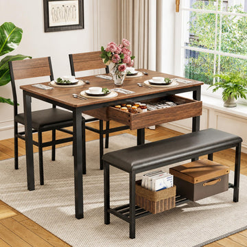 43.3" Dining Room Table Set for 4, Drawer, 2 Chairs & Bench, Walnut