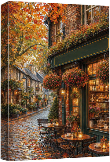 Canvas Wall Vintage European Autumn Town Street Cafe Multicolor - 12"x18"
