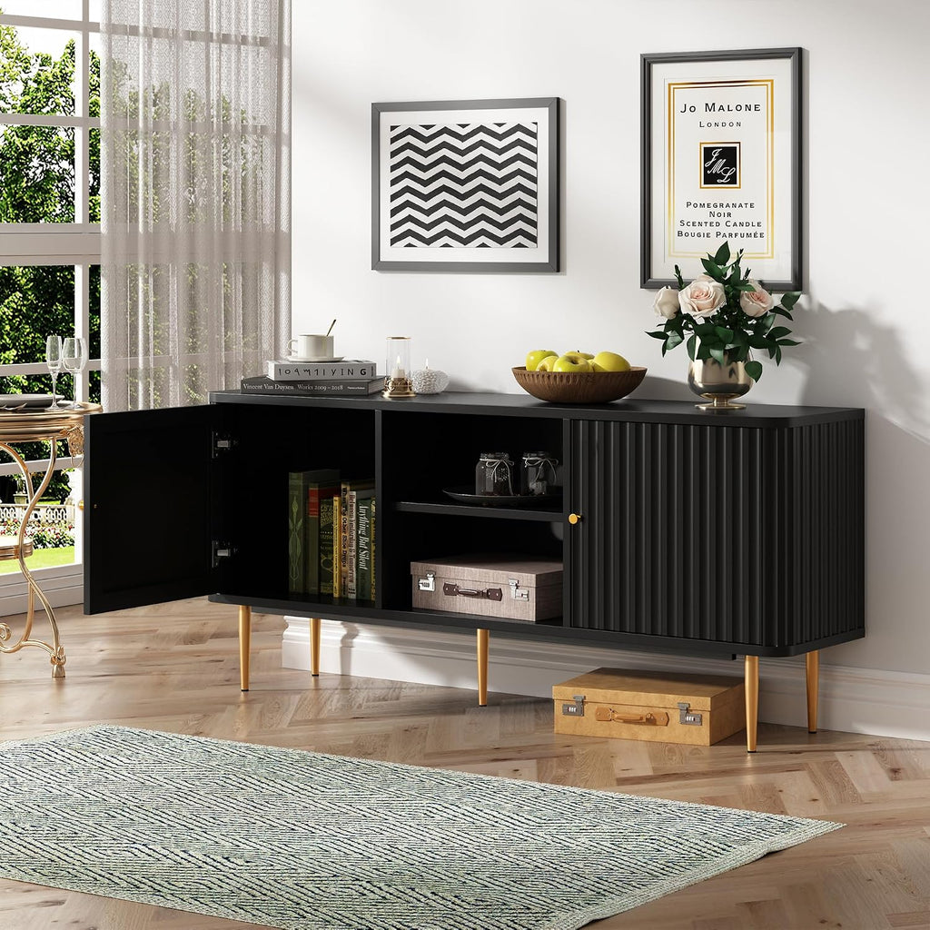 55" Mid Century Modern Fluted TV Stand for TVs up to 65 Inch,Black | Entertainment Center w/ Storage Cabinet & Open