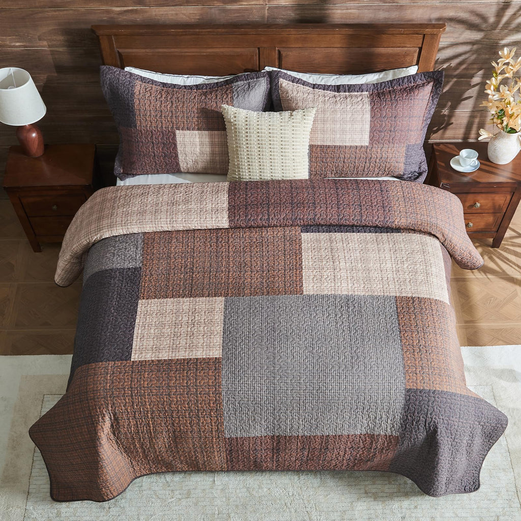 100% Cotton Quilt Set, Farmhouse Plaid Quilted Bedspread, Brown Lightweight Reversible Comforter Bedding