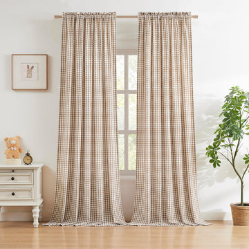 Brown White Crinkled Buffalo Plaid Window Curtains 90 Inches Long