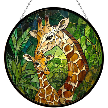 Mom and Baby Giraffe Mosaic Stained Glass Window Hanging Customized Suncatcher 12" Glass Panel with Metal Chain Sun