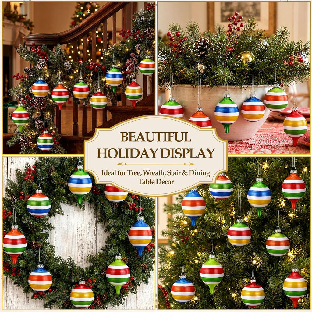 Vintage Glass Christmas Ornaments, Stripes, Festive - Set of 10