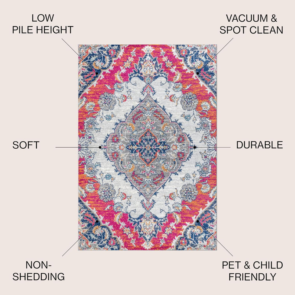 Boho Vintage Multi Indoor Area Rug, Bohemian Flair Medallion, Chic, Floral, High Traffic, Pet Friendly
