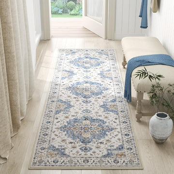 Vintage Floral Medallion Hallway Area Rug, Classic Blue