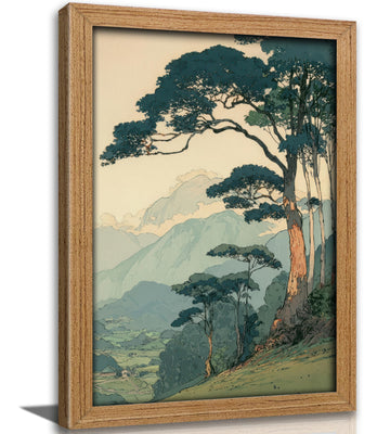 Framed Japanese Style Mountain Landscape Canvas Wall Art, Vintage Tree Scenery Print, Retro Woodblock Inspired Nature