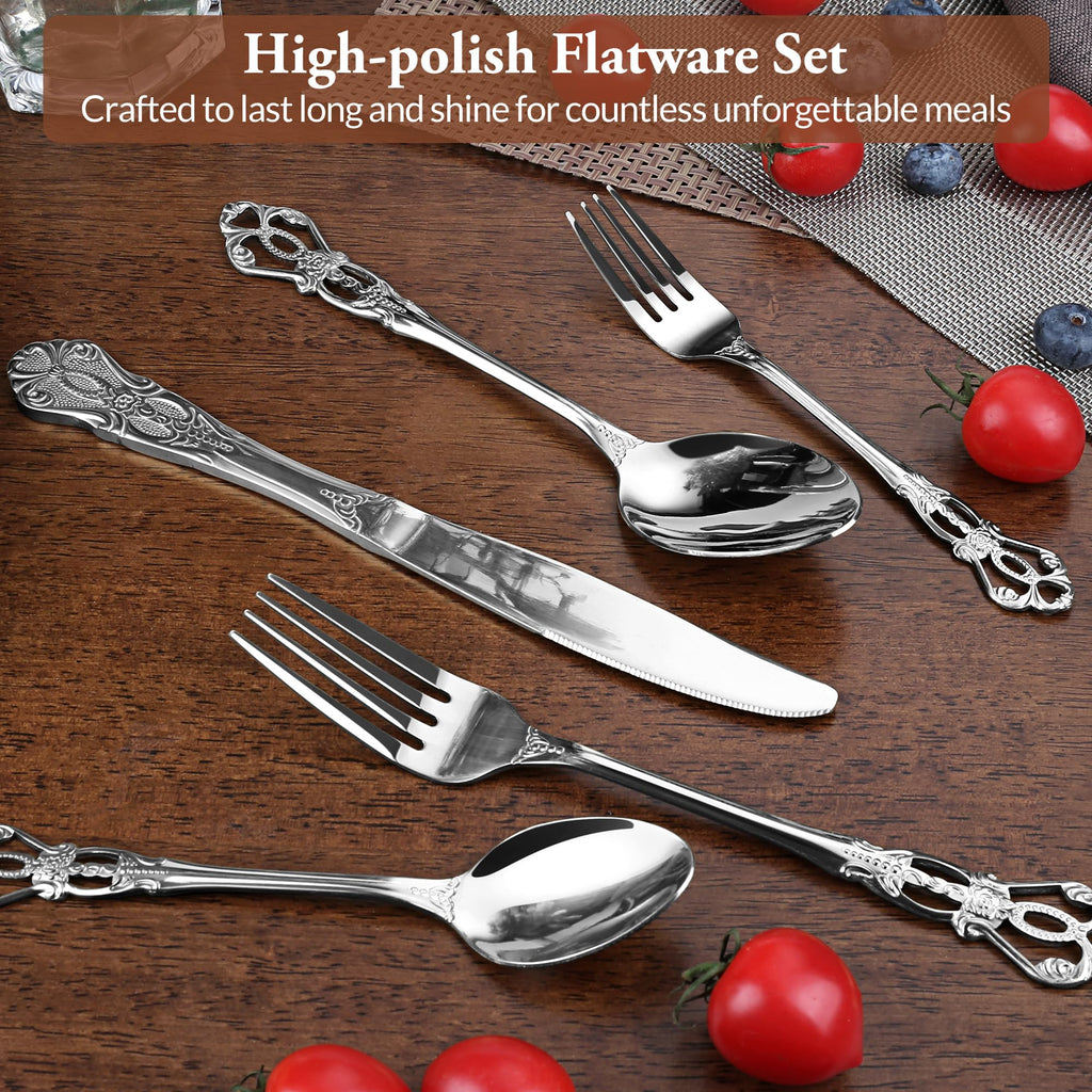 Silverware Set, 30 Pieces Retro Royal Silverware Set for 6, Baroque-Style Stainless Steel Flatware Set Including Fork