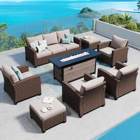 Patio Furniture Set Outdoor Furniture Brown Wicker Rattan Patio Conversation Sets with Cushion Outside Sofa Set,7