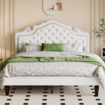 Queen Bed Frame with Adjustable Velvet Tiara Headboard, Upholstered Diamond Button Tufted Platform Bed, Wood Slats
